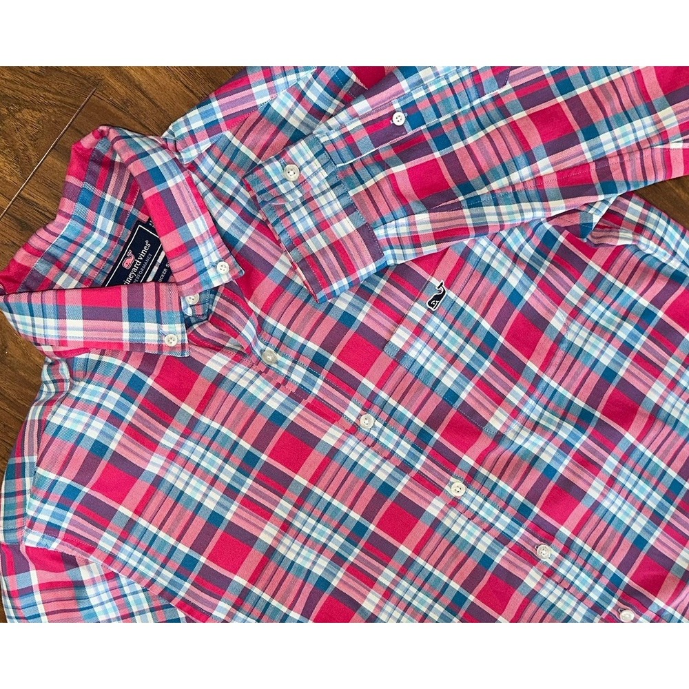 Vineyard Vines Performance Slim Fit Tucker Pink Plaid Button Down Mens Medium